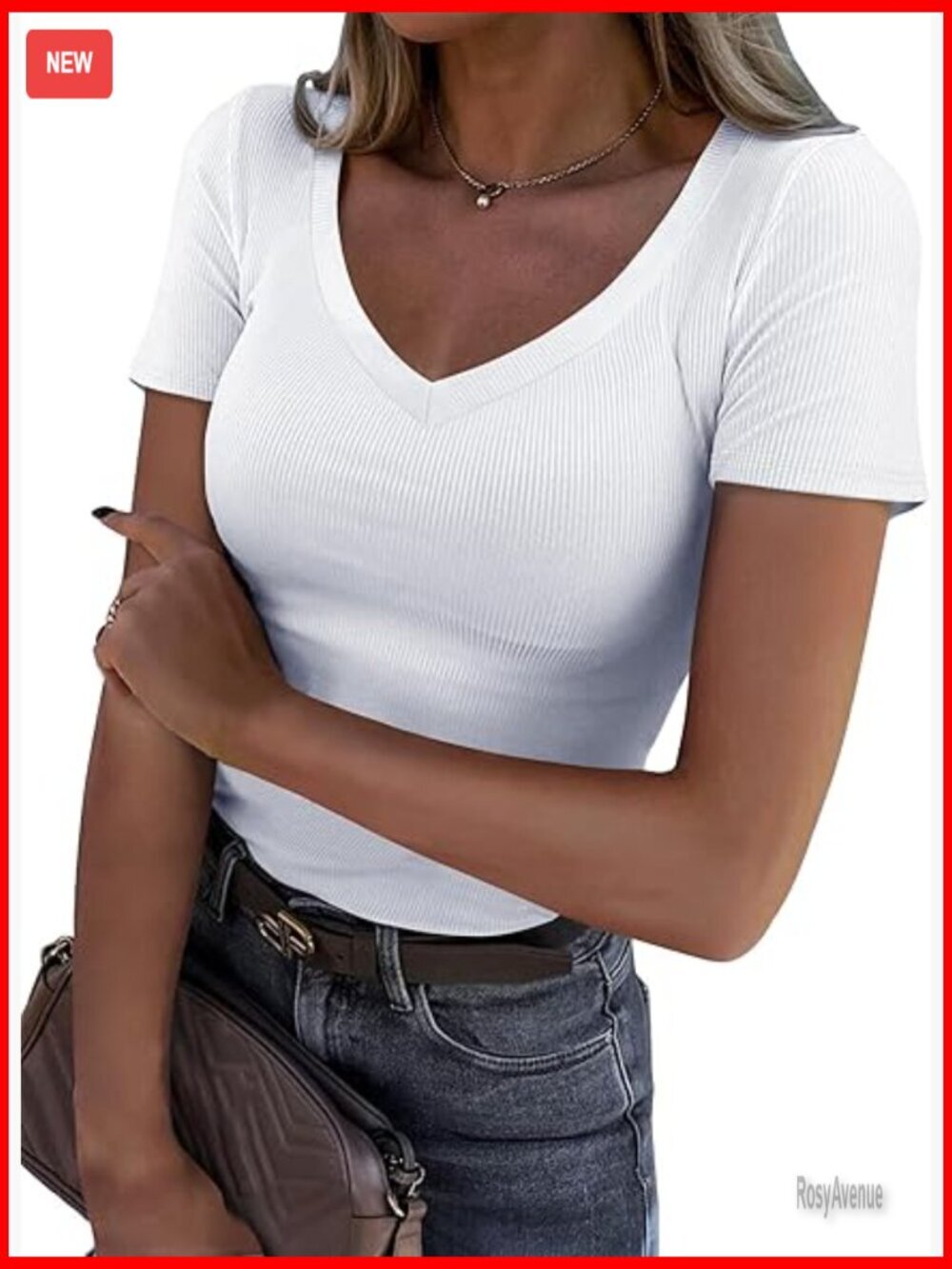 Ribbed Cotton V-Neck Fitted T-Shirt Short Sleeve Slim Top